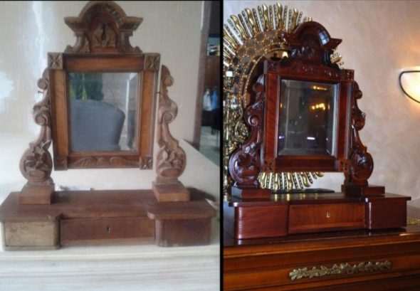 Restauration du miroir, avant et après