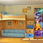 Chambre d'enfant avec un lit mezzanine pour un garçon en bleu avec Winnie l'Ourson