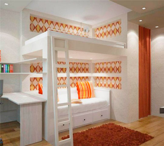 Lit mezzanine au design blanc et orange